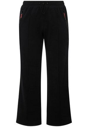 Zwarte sweatpants van zachte stof, met een elastische tailleband, een trekkoord en twee met rits sluitbare zijzakken met rode accenten.