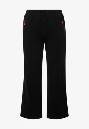 Schwarze Sweatpants aus weichem Stoff, mit einem elastischen Bund, Kordelzug und zwei seitlichen Reißverschlusstaschen mit roten Akzenten.