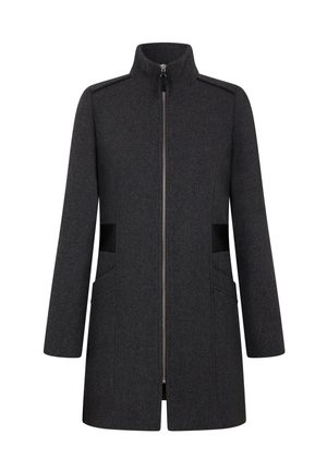 Dark gray long coat with stand-up collar, front zipper, and two side pockets with black detailing.