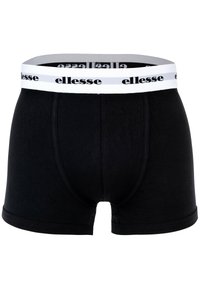 Schwarze Baumwollboxershorts mit einem weißen elastischen Taillenbund, auf dem der Markenname "ellesse" in Schwarz steht. Glatte Textur, enganliegendes Design.