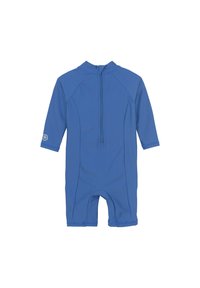Une combinaison de plongée courte à manches courtes de couleur bleue, fabriquée en matériau extensible, avec un col haut et une fermeture éclair dans le dos. Elle présente des coutures plates et un ajustement serré au niveau des jambes.