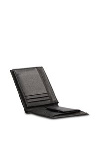 Zwarte leren portemonnee met een gestructureerde afwerking, voorzien van meerdere kaartvakken en een compartiment voor contant geld of extra kaarten, geopend gevouwen.