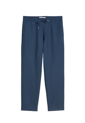 Marineblauwe tapered joggerbroek van zacht materiaal, met een elastische tailleband met verstelbaar trekkoord en zijzakken.