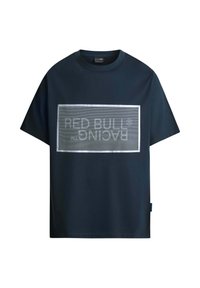 Navyblauw T-shirt met korte mouwen van zachte stof, met een groot zilveren "RED BULL RACING" logo in een rechthoekig ontwerp op de voorkant.