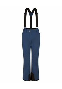 Marineblaue wasserdichte Schneehosen mit verstellbaren schwarzen Trägern, Frontknöpfen und schwarzen Akzenten an den Knöcheln; verfügt über funktionale seitliche Taschen.
