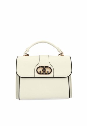 Borsa a mano in pelle color crema con design strutturato, rifiniture nere, manico superiore e chiusura dorata con dettaglio logo sulla parte anteriore.