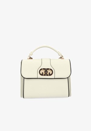 Borsa a mano in pelle color crema con design strutturato, rifiniture nere, manico superiore e chiusura dorata con dettaglio logo sulla parte anteriore.