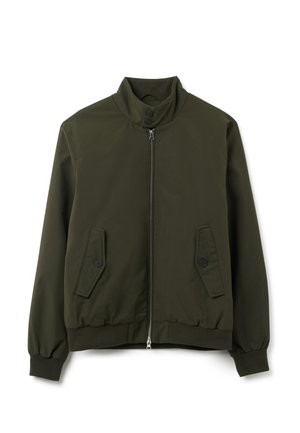 Olive green bomber jacket made of nylon, featuring a high collar, front zipper, two buttoned pockets, and ribbed cuffs and hem.