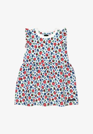 Short-sleeve dress featuring a white fabric with red strawberries and blue blueberries pattern, ruffle accents at shoulders, and gathered skirt.