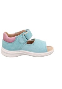 Light blue children's open-toe sandal with pink padded heel, adjustable strap, and white textured sole.