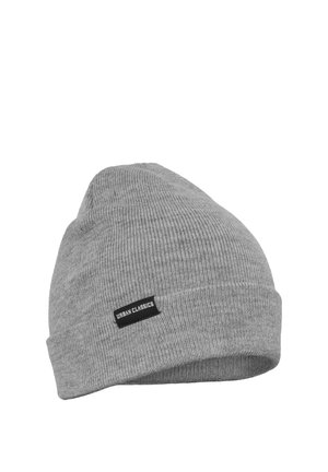 Hall triibuline kootud müts, millel on ümberpööratud äär ja väike must silt kandmisel "Urban Classics".