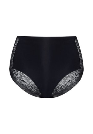 Zwarte high-waisted onderbroek met kanten zijpanelen, met een gladde stofstructuur en ingewikkelde kantdetails langs de randen.