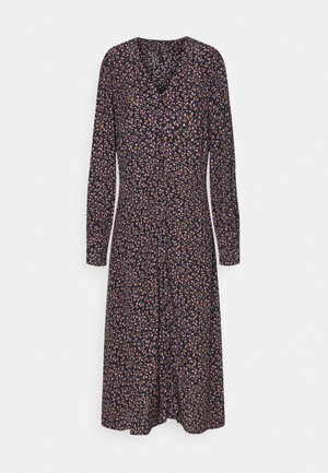 Robe midi noire à manches longues avec un petit motif floral multicolore, taille cintrée et col en V.