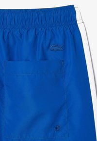Pantalones cortos de cintura elástica azul con un bolsillo trasero, rayas blancas a los lados y un bordado de logo texturizado en material suave.
