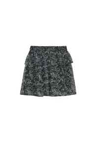 Floral gelaagde rok in zwart met groene en grijze patronen. Heeft een gerimpelde tailleband en licht, vloeiend materiaal.