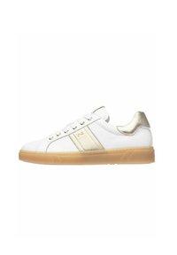 White leather sneaker with a gold accent strip and heel. Features laces, a round toe, and a translucent gum sole. Small logo near the laces.
