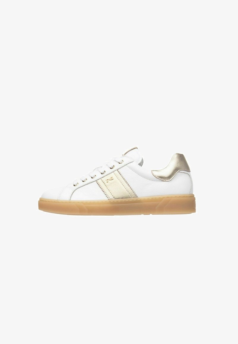 White leather sneaker with a gold accent strip and heel. Features laces, a round toe, and a translucent gum sole. Small logo near the laces.