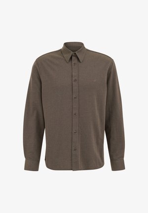 Camicia uomo a maniche lunghe con bottoni, marrone scuro, con colletto appuntito e logo ricamato sobrio sul petto sinistro.