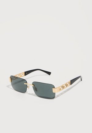 Stačiakampiai tamsūs akiniai nuo saulės su auksinėmis geometrinėmis lankelėmis ir juodais šventyklų galais, be rėmelių su reguliuojamomis nosies pagalvėlėmis.