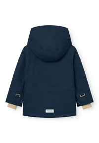 Marineblaue Jacke mit Kapuze, beigen Ärmeln und einem Logopatch. Hergestellt aus glattem Material mit gerader Silhouette und ohne sichtbare Verschlüsse.