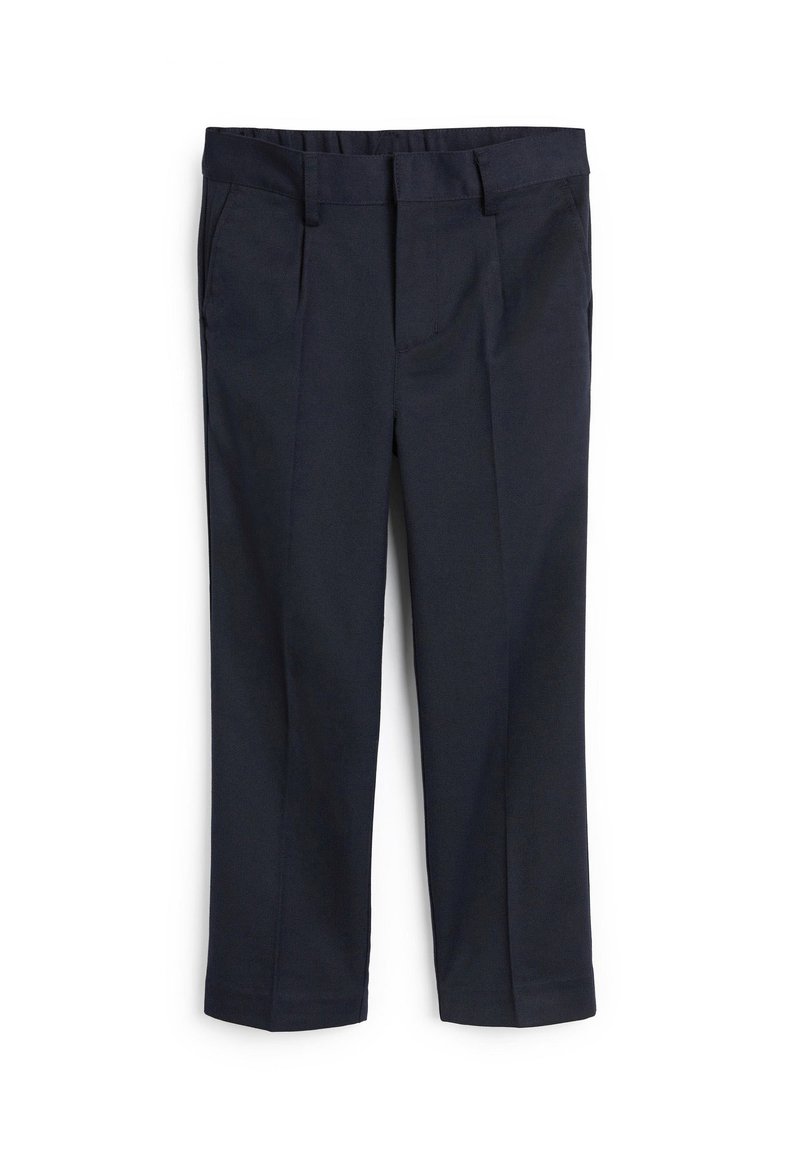 Pantalon bleu marine sur mesure en tissu tissé, avec un devant plat, deux poches obliques et une coupe droite avec des jambes légèrement effilées.
