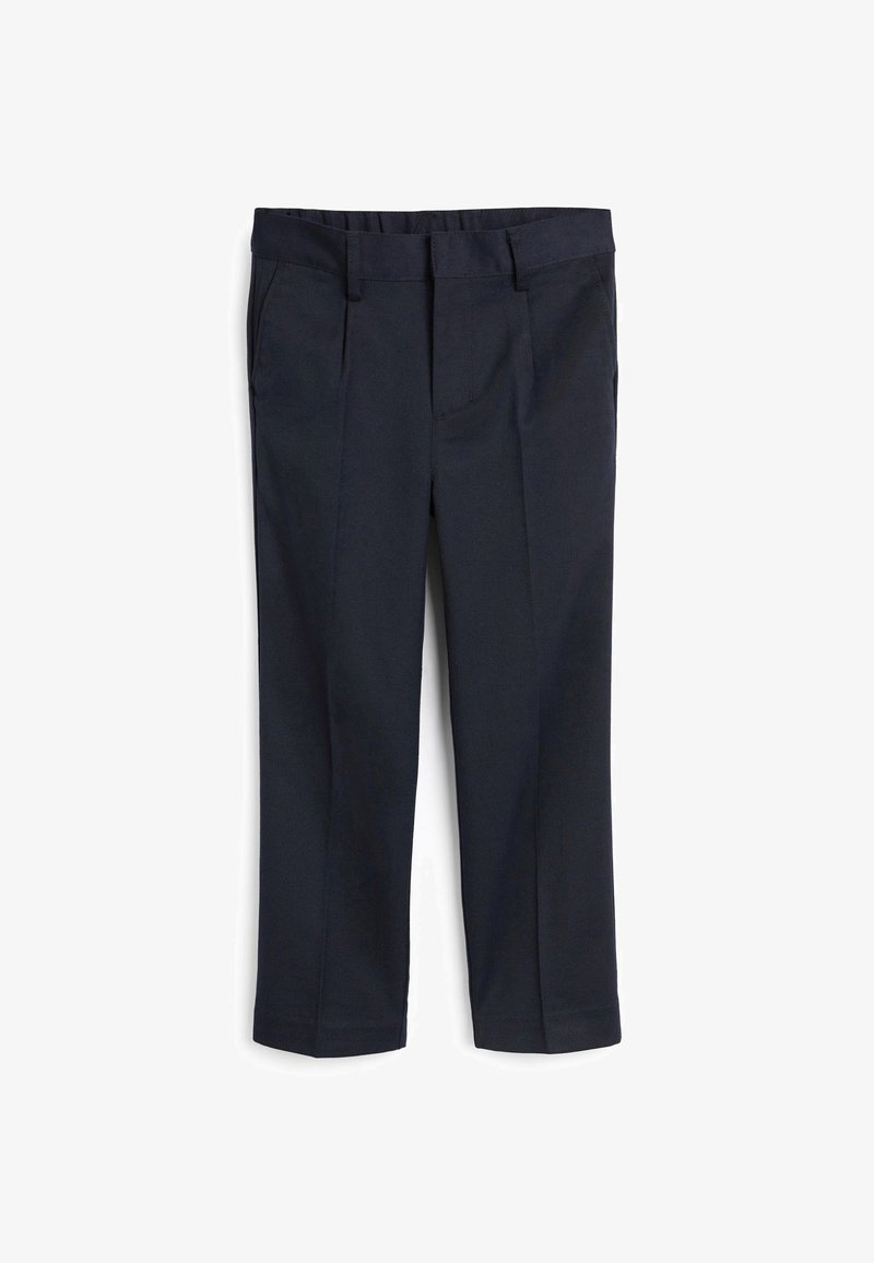 Mornarske plave krojene hlače izrađene od tkanine, s ravnim prednjim dijelom, dva kosá džepa i ravnim krojem s blago sužavajućim nogavicama.