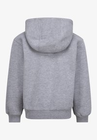 Grå huvtröja med en rymlig huva, ribbade muddar och fåll, samt ett texturerat fleece-material. Baksidan är enkel utan några dekorationer.