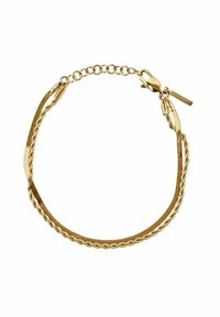 Gouden armband met twee ineengestrengelde kettingstrengen, de ene plat en glad, de andere gedraaid; afgewerkt met een karabijnsluiting en een verlengketting.