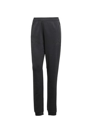 Schwarze Jogginghosen aus weichem Material, mit elastischem Bund, schmal zulaufenden Beinen und einem dezenten eingeprägten Logo an der Seite.