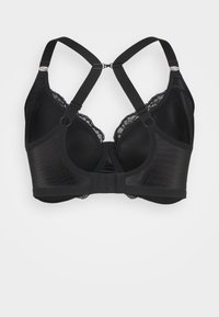 Reggiseno nero con una parte superiore in rete, rifiniture in pizzo lungo le coppe, spalline regolabili e chiusura posteriore con gancio e occhio per supporto e comfort.