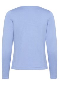 Pull bleu clair à manches longues avec un col rond, un ourlet côtelé et une texture lisse, présentant un design simple sans motifs visibles.