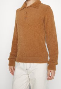 Brun, pälsig tröja med krage och tre knappar, med långa ärmar och ribbade mudd, i kombination med krämfärgade byxor.