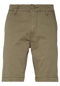 Pantaloni corti khaki realizzati in tessuto misto cotone con gamba dritta, chiusura con bottone e dettagli di cucitura discreti.