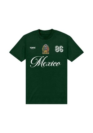 Mørkegrøn T-shirt med "Mexico" skrift, "86" nummer, fodboldforeningsemblem og "TOFFS" mærkelogo foran.