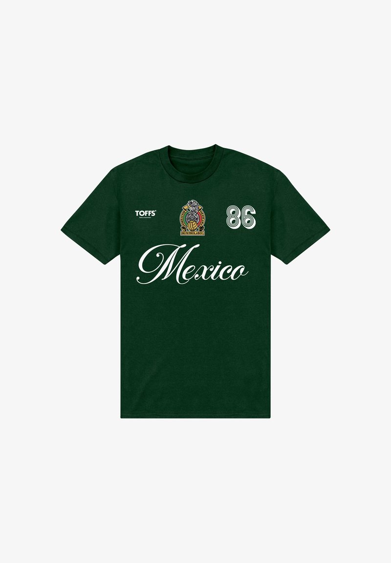 Dark green T-shirt with "Mexico" script, "86" number, football association emblem, and "TOFFS" brand logo on the front.