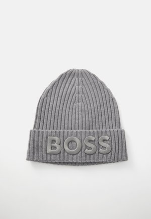 Gray ribbed knit beanie with a folded cuff featuring raised letters spelling "BOSS" across the front.
