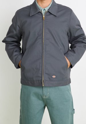 Hombre con chaqueta gris oscuro con cremallera sobre una camisa a rayas abotonada, con las manos en los bolsillos delanteros, combinado con pantalones color verde azulado.