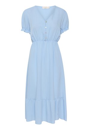 Ljusa blå midi-klänning med V-ringning, korta puffärmar, knapppdetaljer, elastisk midja och en utsvängd kjol med volangkant.