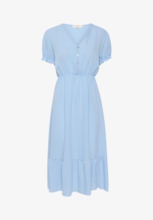 Vaaleansininen midi-mekko, jossa on V-pääntie, lyhyet puffihihat, napitusyksityiskohtia, elastinen vyötärö ja kellotettu hame, jonka helmassa on röyhelö.