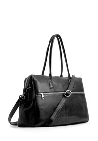 Black leather tote bag with dual handles and a detachable crossbody strap, featuring a front zip pocket and smooth texture.