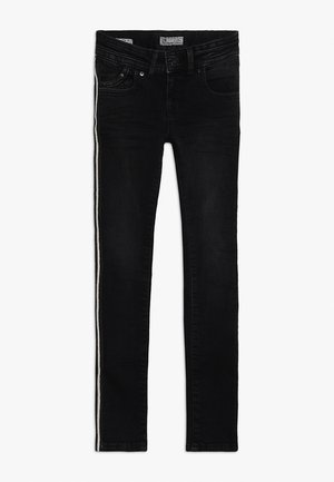 Svarta slim fit-jeans med fram- och bakfickor samt vita sidstrimlor på båda benen, liggande platt med knapp och dragkedja synliga.