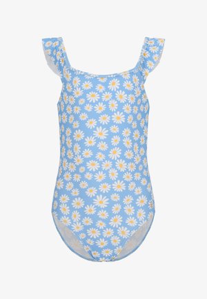 Maillot de bain une pièce bleu avec un motif de marguerites blanches et jaunes, des bretelles à volants et une texture lisse. Convient pour la baignade et les vêtements de plage.