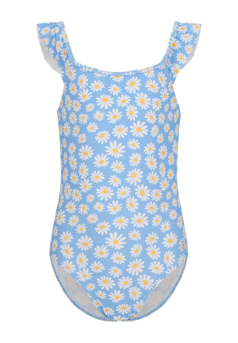 Blauer Einteiler-Badeanzug mit einem weißen und gelben Gänseblümchenmuster, Rüschenträgern und glatter Textur. Geeignet für Schwimmen und Strandmode.
