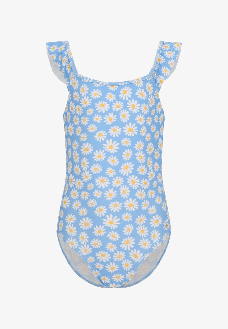 Blue one-piece swimsuit with white and yellow daisy pattern, ruffled straps, and smooth texture. Suitable for swimming and beachwear.