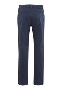 Marineblaue Hosen mit geradem Bein, ausgestattet mit zwei Gesäßtaschen, Gürtelschlaufen und einer glatten Textur. Minimale Markenkennzeichnung an der Taille.