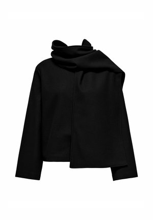 Schwarze, taillierte Jacke mit einem hohen, gefalteten Kragen. Hergestellt aus weichem Stoff, zeichnet sie sich durch ein schlichtes Design und lange Ärmel ohne Verschlüsse aus.