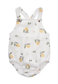 White baby romper with yellow lemon and green leaf print, featuring adjustable straps and snap closure at the bottom for easy changing.