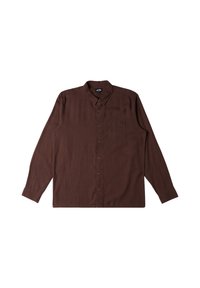 Brown long-sleeve button-up shirt made of a textured fabric, featuring a front pocket and metal buttons along the placket.