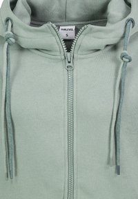 Hellgrüner Zip-Hoodie aus weichem Material. Mit einem Reißverschluss an der Vorderseite, verstellbaren Kordelzügen und einem Etikett mit der Aufschrift "SUBLEVEL S."