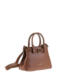 Sac à main en cuir marron avec une finition texturée, double poignée, bandoulière amovible, quincaillerie dorée et détail de boucle.